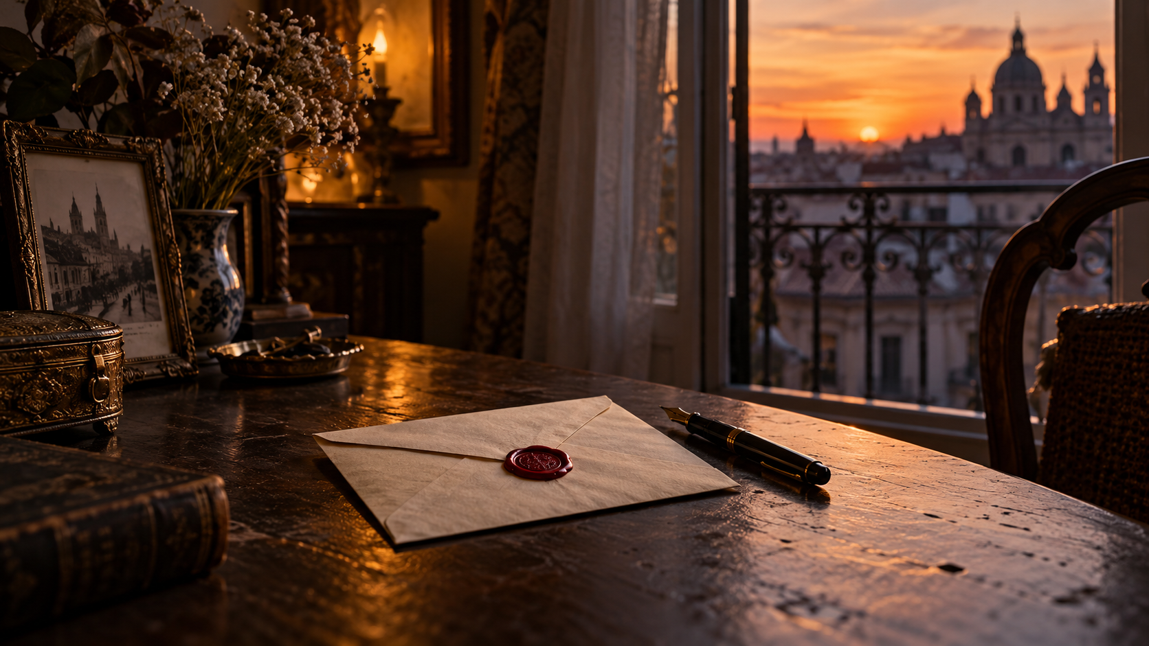 A sealed letter and fountain pen at dusk